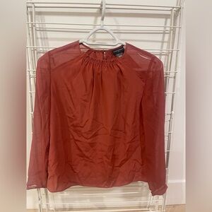 Club Monaco, Silk ruched neck top with Long Sleeve, size XXS, New, Berry rose